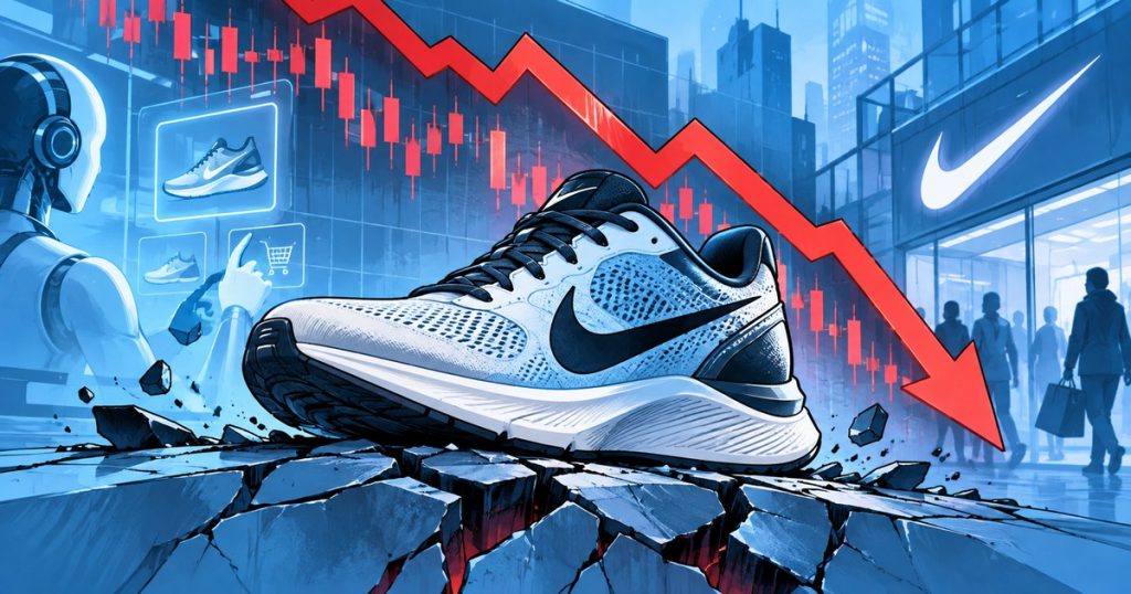 Azioni Nike in calo con scarpa Nike e grafico di Borsa in discesa